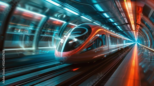 High Speed Bullet Train Zooming Through Futuristic Tunnel