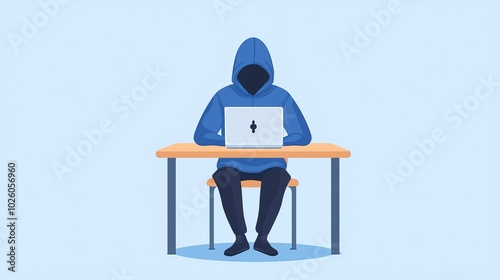 A figure in a blue hoodie sits at a desk, using a laptop against a light blue background, suggesting themes of anonymity and technology.