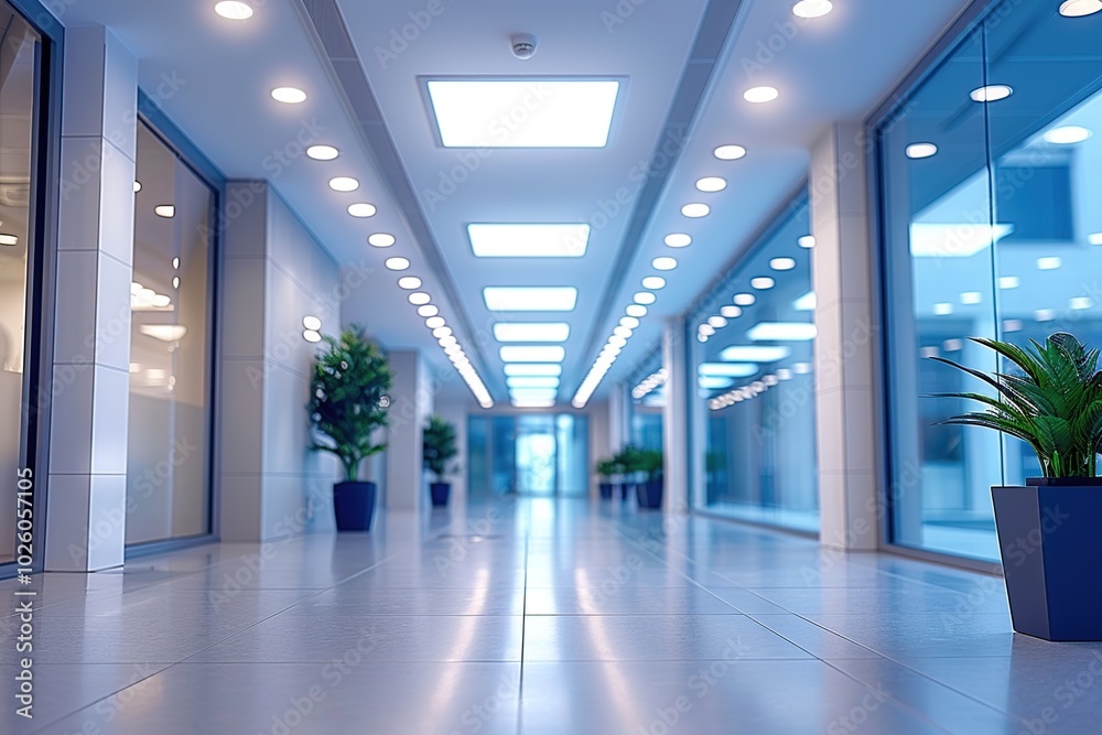 A long, empty hallway with glass walls and tile floors in a modern office building. A long, empty hallway with glass walls and tile floors in a modern office building.