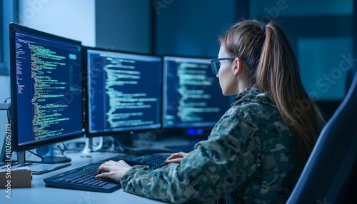 A focused individual in military attire works on multiple computer screens filled with code, showcasing a blend of technology and defense.