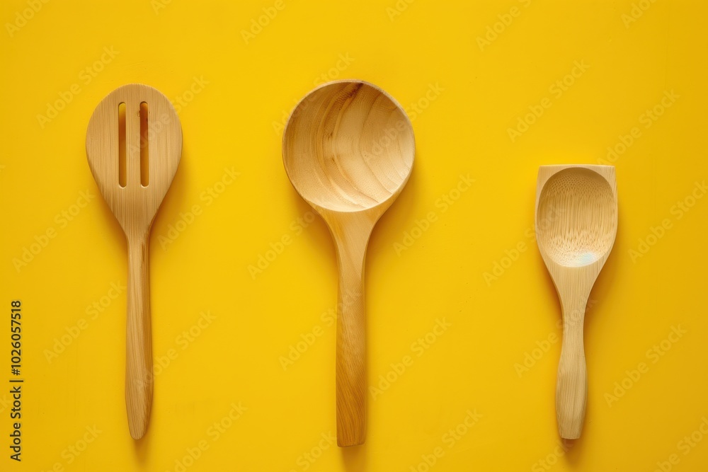 Wooden kitchen utensils arranged on a vibrant yellow background