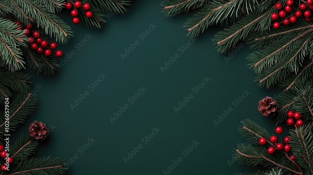 The composition features lush pine branches with vibrant red berries against a dark green background, enhanced by twinkling lights, creating a warm holiday atmosphere The composition features lush pine branches with vibrant red berries against a dark green background, enhanced by twinkling lights, creating a warm holiday atmosphere