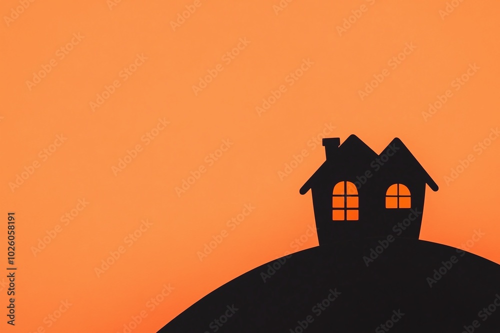 Silhouette of a house on a hill with glowing windows against an orange sky, minimalistic and spooky design for Halloween, eerie, or twilight-themed visuals with copyspace for text.
Silhouette of a house on a hill with glowing windows against an orange sky, minimalistic and spooky design for Halloween, eerie, or twilight-themed visuals with copyspace for text.