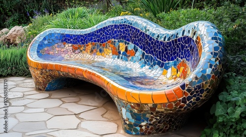 Famous Gaudis masterpiece serpent bench made of mosaic tiles