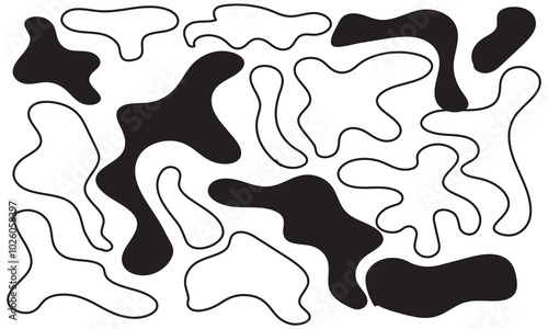 Set of irregular blobs. Black random liquid organic shapes. Wavy deform spots, fluid circle or simple amoeba blob. isolated on white background. Vector illustration. EPS 10