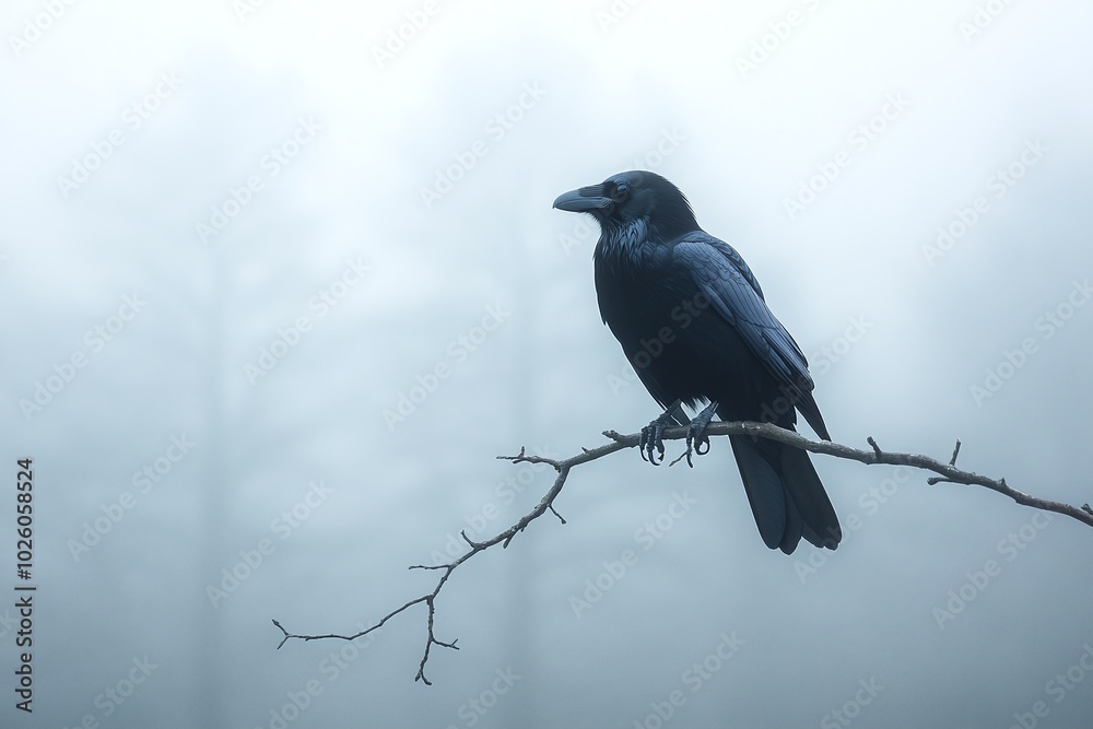Fototapeta premium Black crow perched on branch in misty forest, eerie and spooky nature scene, perfect for mysterious, haunting themes with moody, fog-filled background, and minimalistic copyspace for text.