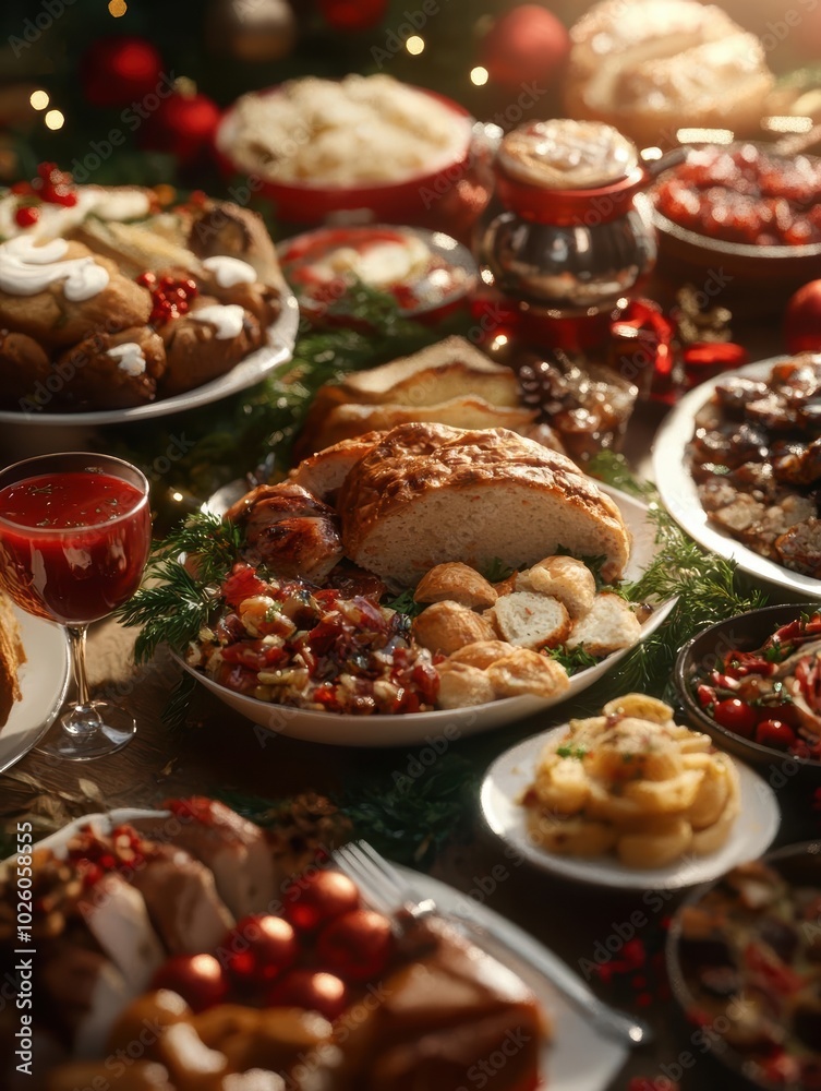 Delicious spread of holiday dishes and festive treats on a beautifully arranged table. Delicious spread of holiday dishes and festive treats on a beautifully arranged table.