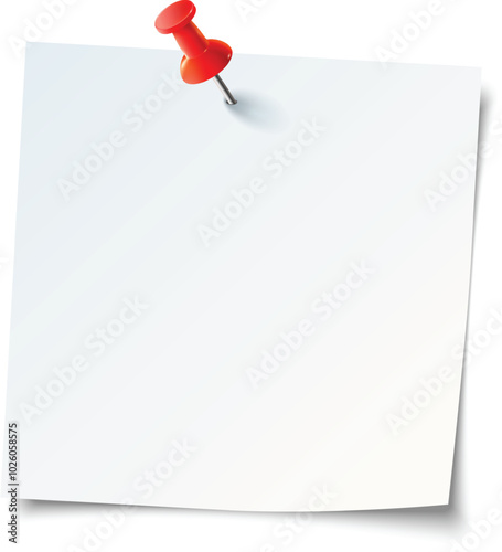 A blank sheet of note paper is held in place by a red pushpin on a clean white background, ideal for jotting down thoughts or reminders.