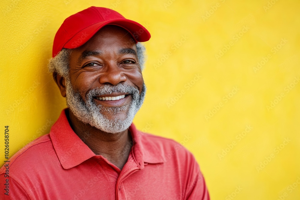 Man in a red shirt and hat is smiling and looking at the camera. happy, senior African American man with grey hair and a beard, wearing a plain red golf shirt and red cap hat and smiling, isolated Man in a red shirt and hat is smiling and looking at the camera. happy, senior African American man with grey hair and a beard, wearing a plain red golf shirt and red cap hat and smiling, isolated