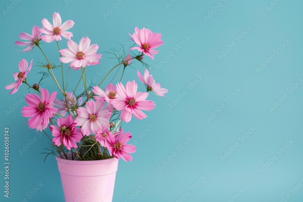 Pink and white cosmos flowers in a potted plant against a bright blue background Pink and white cosmos flowers in a potted plant against a bright blue background