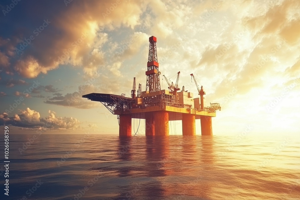 Offshore Oil Rig at Sunset with Dramatic Sky Reflections Offshore Oil Rig at Sunset with Dramatic Sky Reflections