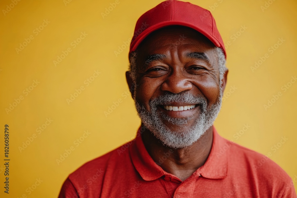 Man in a red shirt and hat is smiling and looking at the camera. happy, senior African American man with grey hair and a beard, wearing a plain red golf shirt and red cap hat and smiling, isolated Man in a red shirt and hat is smiling and looking at the camera. happy, senior African American man with grey hair and a beard, wearing a plain red golf shirt and red cap hat and smiling, isolated