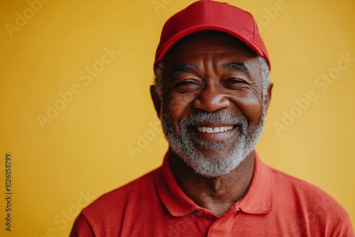 Man in a red shirt and hat is smiling and looking at the camera. happy, senior African American man with grey hair and a beard, wearing a plain red golf shirt and red cap hat and smiling, isolated