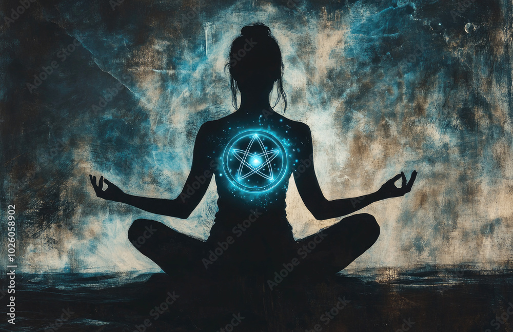 A meditating woman with an atom symbol glowing in her chest, a blue ...