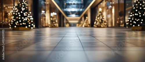 Elegant shopping mall decorated for Christmas with glowing tree lights and polished floors.