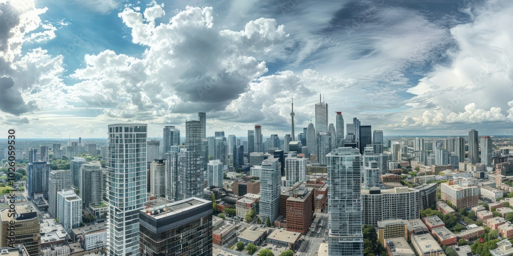 Elevated city view with skyscrapers and cloudy sky. Elevated city view with skyscrapers and cloudy sky.