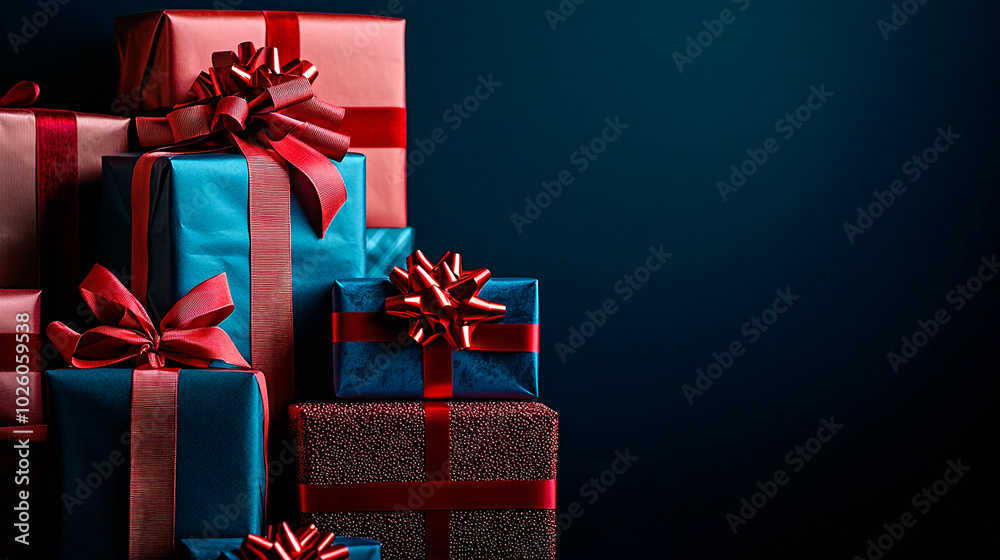 Fototapeta premium Stack of Christmas gift boxes. Heap of wrapped presents with bows. Christmas present