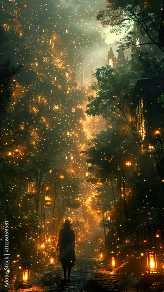 Enchanted Night Cityscape: A Dreamy Path Lit by Glowing Lanterns Enchanted Night Cityscape: A Dreamy Path Lit by Glowing Lanterns