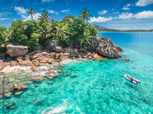 Boat at the St. Pierre Island Praslin Seychelles