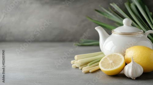 A white teapot sits among fresh lemons, garlic, and lemongrass, arranged on a textured surface with a green leafy backdrop, creating a cozy, fresh aesthetic. photo