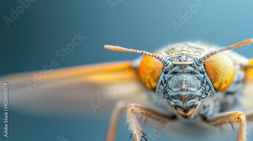 A close-up of a vibrant insect reveals its intricate antennae and brightly colored features, drawing attention to the complex beauty of natural design and diversity. photo