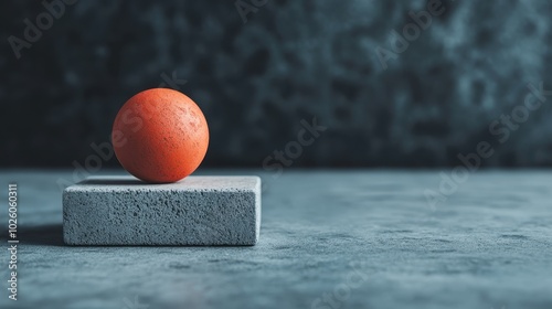 A red sphere is centered atop a gray block, captured in moody lighting, offering a blend of contrast and focus with an abstract, modern artistic feel. photo