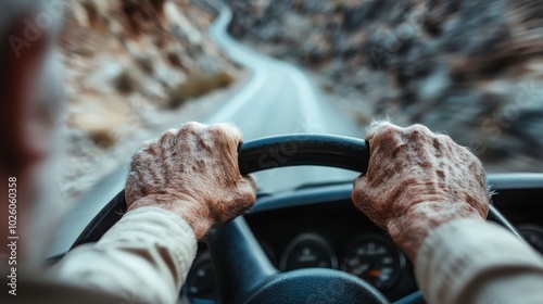 An elderly individual grips the steering wheel of a vehicle while navigating a winding mountain road, illustrating experience and focus on a journey. photo