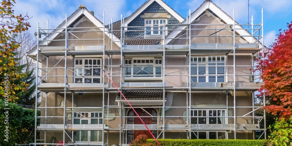 Exterior shot of a house with scaffolding during repairs. Exterior shot of a house with scaffolding during repairs.