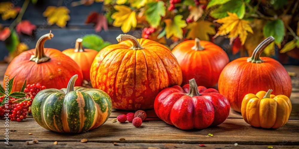Fresh Hokkaido pumpkins and Red Kuri squash beautifully presented on a rustic wooden table, embodying the spirit and warmth of the autumn harvest. Fresh Hokkaido pumpkins and Red Kuri squash beautifully presented on a rustic wooden table, embodying the spirit and warmth of the autumn harvest.