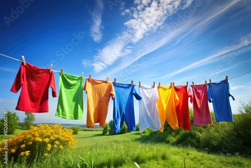 Fresh laundry sways gently on the line, illuminated by the bright sun under a clear blue sky, creating a peaceful and serene, idyllic atmosphere.