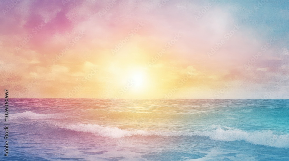 Serene ocean at sunrise with pastel sky reflecting on gentle waves. Serene ocean at sunrise with pastel sky reflecting on gentle waves.