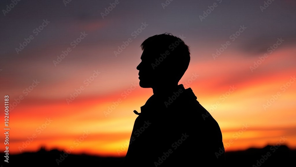 A silhouette of a man gazing into the distance against a backdrop of a vibrant sunset, creating a peaceful and contemplative mood.
A silhouette of a man gazing into the distance against a backdrop of a vibrant sunset, creating a peaceful and contemplative mood.