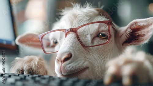 A goat wearing glasses intently focuses on a computer keyboard, suggesting themes of intelligence and concentration. The image is a playful take on modern technology. photo