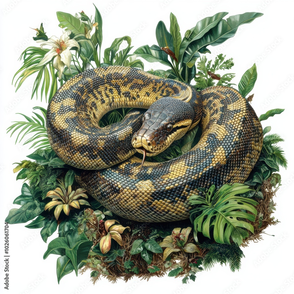 A large, coiled anaconda surrounded by lush tropical plants and flowers.