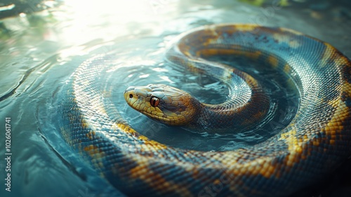 A close-up of a anaconda coiled in water, showcasing its scales and colors. photo