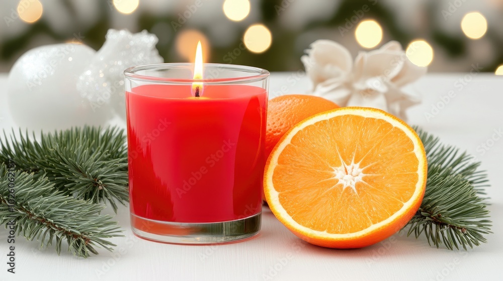 The warm glow of a red candle shines brightly, accompanied by fresh orange slices and pine cones, all arranged on a soft cotton fabric with a background of gentle, blurred lights The warm glow of a red candle shines brightly, accompanied by fresh orange slices and pine cones, all arranged on a soft cotton fabric with a background of gentle, blurred lights