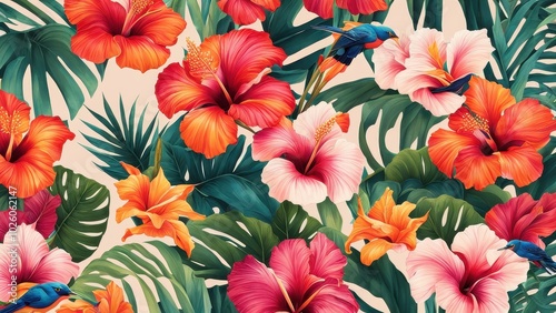 A vibrant floral pattern featuring hibiscus and tropical leaves.