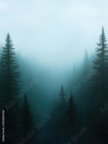 Misty forest landscape with silhouettes of evergreen trees in a dreamy, atmospheric setting.