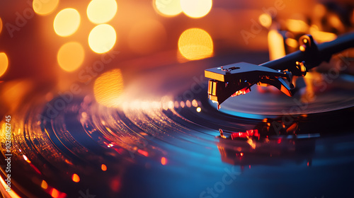A close-up of a record player with a stylus gliding across a spinning vinyl record, illuminated by warm, glowing lights.