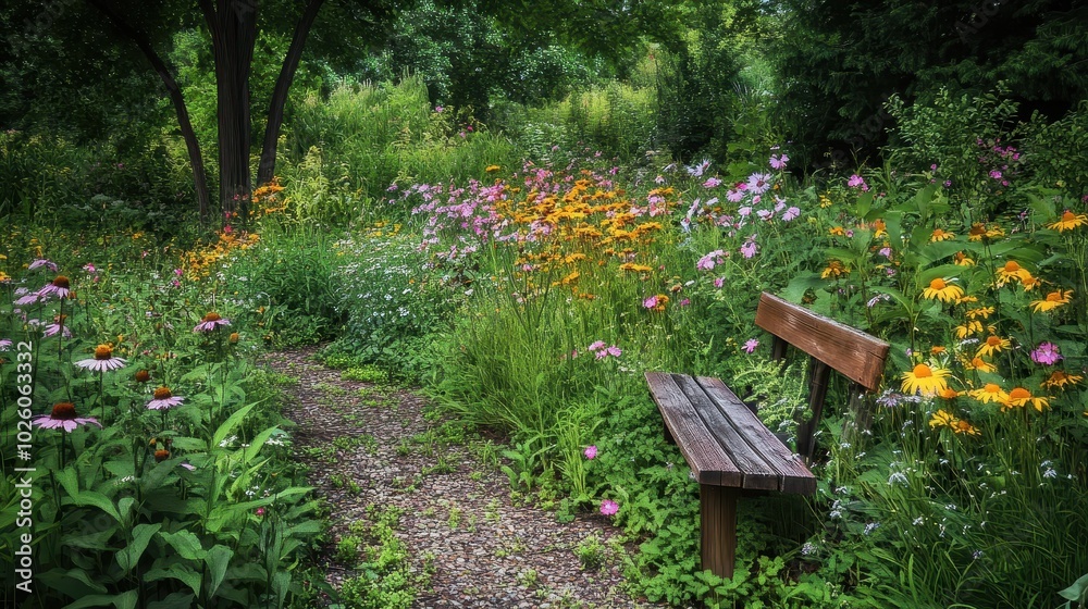 Wooden bench in a beautiful flower garden on a sunny summer day Wooden bench in a beautiful flower garden on a sunny summer day