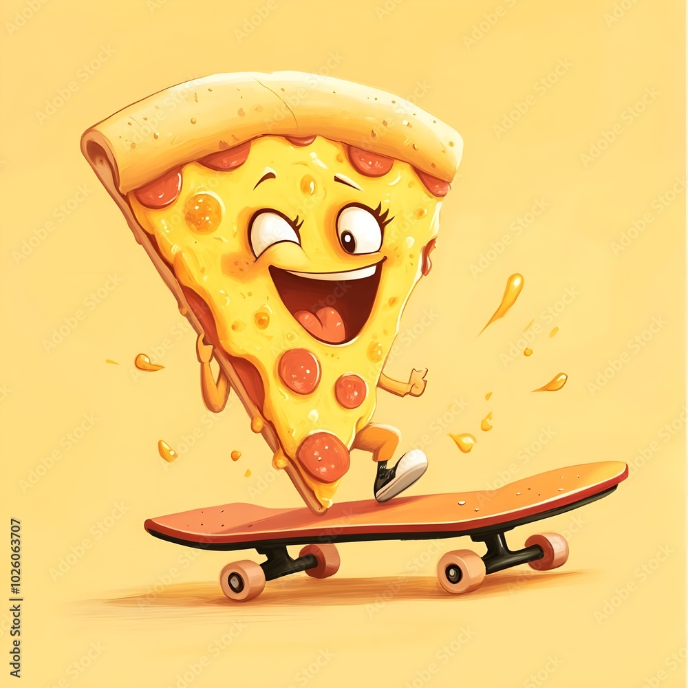 Playful pizza slice winking and sliding on a skateboard – fun and lively,Generative AI Playful pizza slice winking and sliding on a skateboard – fun and lively,Generative AI