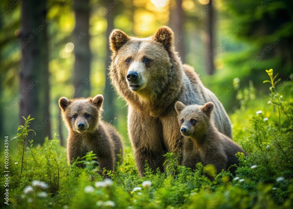 Brown Bears in Summer Forest - Long Exposure Capture of Ursus Arctos with Cubs Brown Bears in Summer Forest - Long Exposure Capture of Ursus Arctos with Cubs