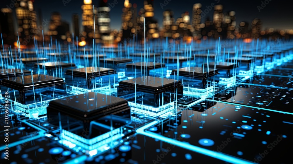 A grid of glowing black squares connected by a network of luminous blue lines, with a blurred city skyline in the background, representing the interconnectedness of modern technology. A grid of glowing black squares connected by a network of luminous blue lines, with a blurred city skyline in the background, representing the interconnectedness of modern technology.