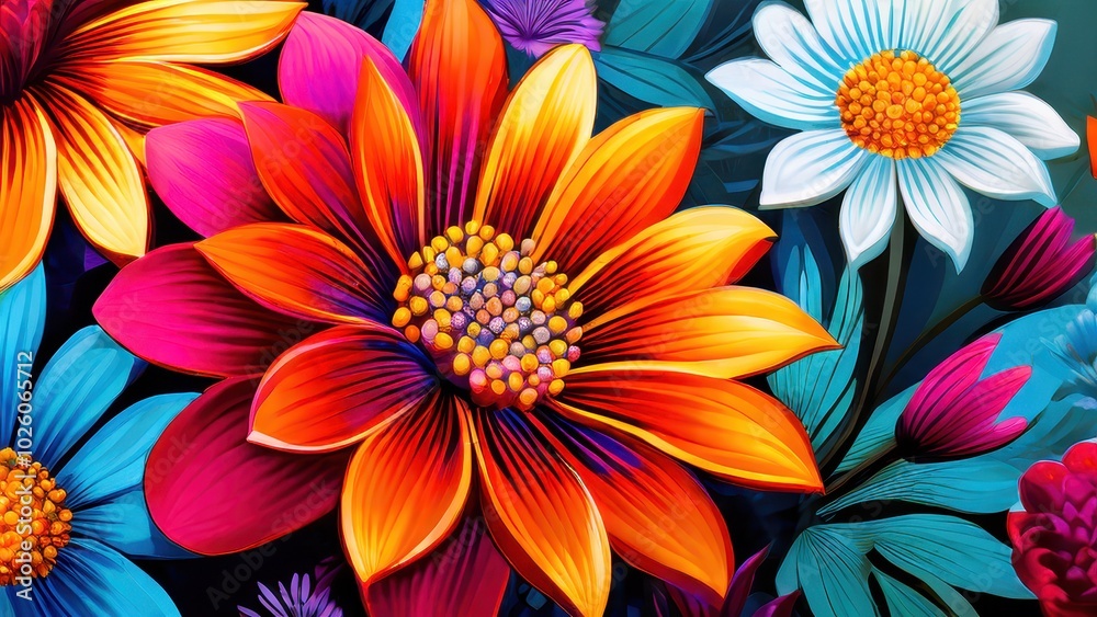 Obraz premium A vibrant floral illustration featuring colorful flowers in various shapes and sizes.