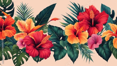 Wallpaper Mural A vibrant floral arrangement featuring hibiscus and tropical leaves on a soft background. Torontodigital.ca