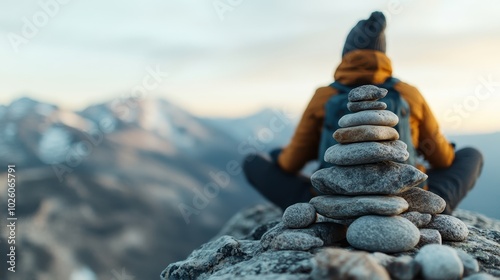 A serene scene shows a person in outdoor gear meditating on a rocky mountain ledge beside a meticulously stacked stone cairn, symbolizing balance and tranquility. photo