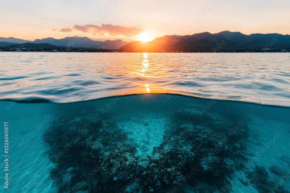 A beautiful sunset over a calm ocean with distant mountains, revealing a vivid coral reef beneath the transparent water showing the beauty of marine life. A beautiful sunset over a calm ocean with distant mountains, revealing a vivid coral reef beneath the transparent water showing the beauty of marine life.