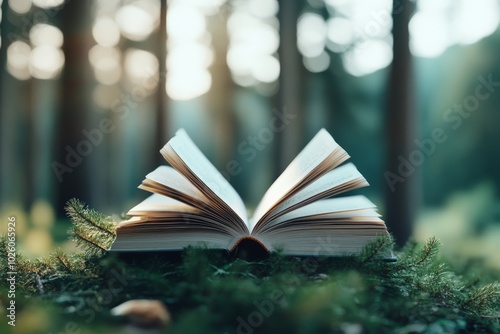 An open book lays amidst vibrant forest scenery, evoking mystery and exploration with golden sunrays subtly illuminating its pages in a serene woodland setting. photo