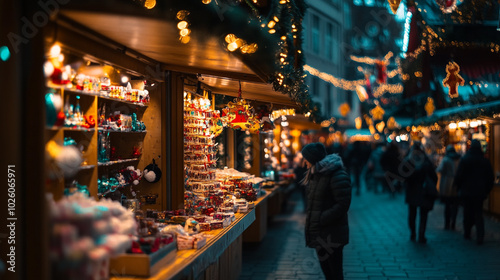 Festive Christmas Eve market filled with decorations, lights, and holiday shoppers in town square