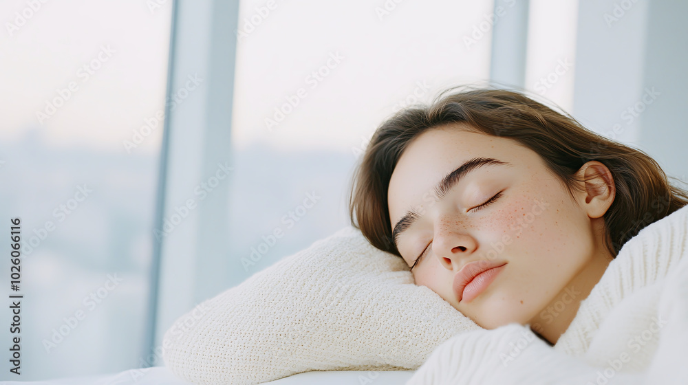 A woman is sleeping on a white blanket with her head resting on a pillow A woman is sleeping on a white blanket with her head resting on a pillow
